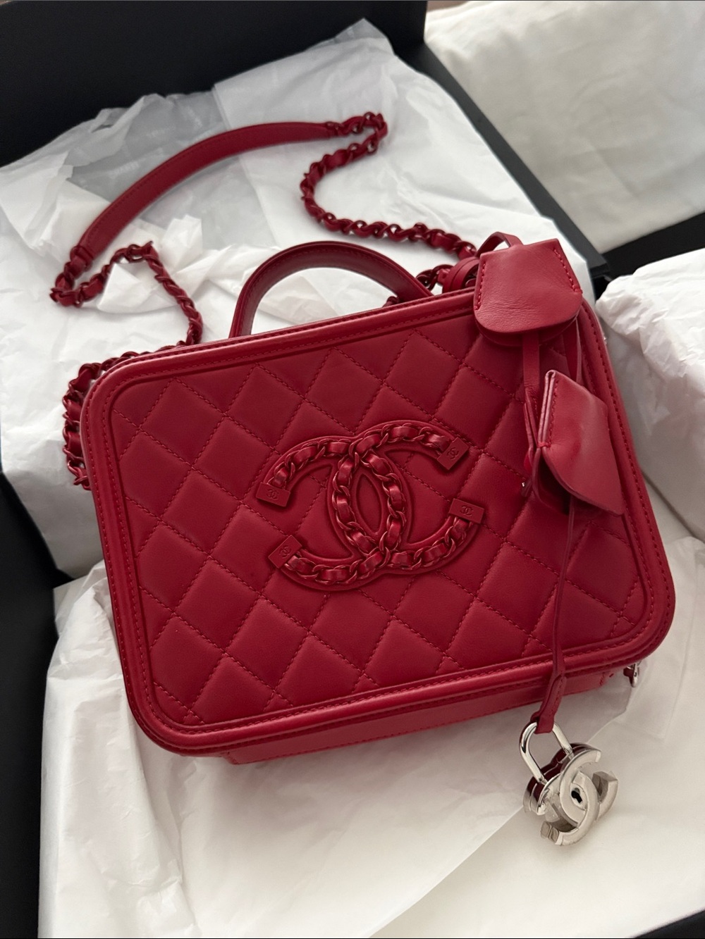 CHANEL Burgundy Red Filigree Vanity Case Crossbody with CC Lock Charm/Key